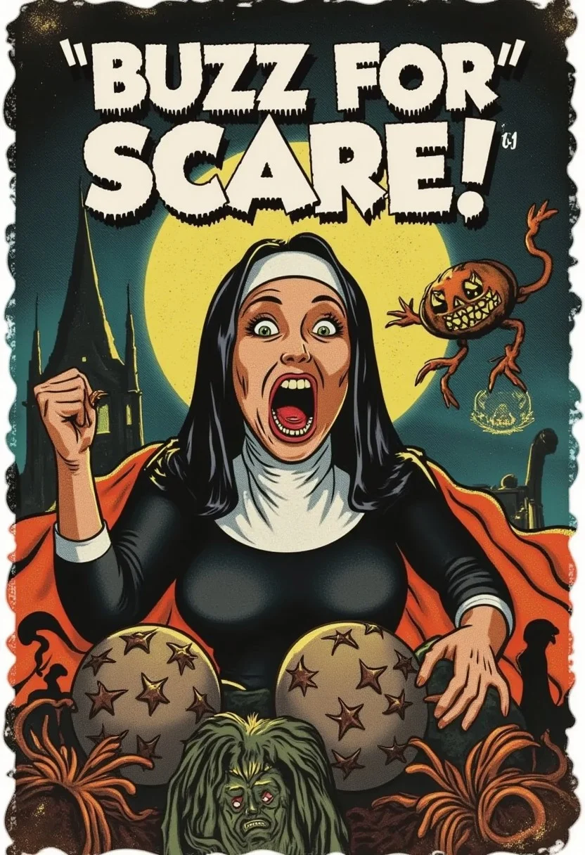 Vintage Poster, (Title in bold white letters arranged at the top: Buzz For Scare!), wear and tear on cover, Photorealistic, photograph, A vintage classic of Scared Nun hiding from her pursuer, The background is the inside of a Scary Cathedral at night, Scary and Creepy buzz lightyear looking for her in the background