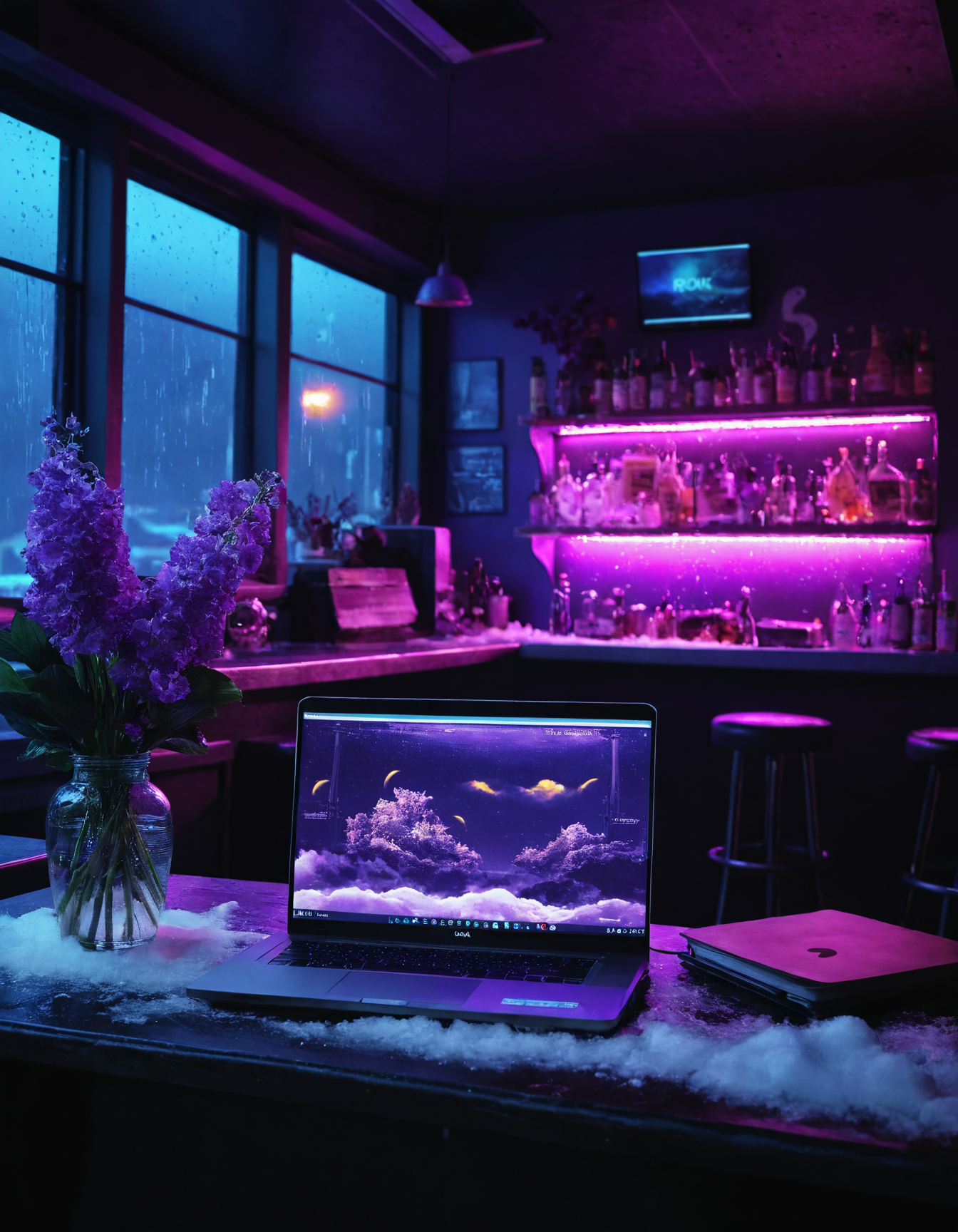 <lora:r0k00g00th:1>,r0k00g00th,r0kur3&l1tyHD. cyberpunk art,, a bar with a purple light and a laptop on the counter and a fish tank in the background with flowers [2], prompt . ,weather, (snowy:1.5), hail ice pellets from storms, windy, gentle breeze to strong gusts,,