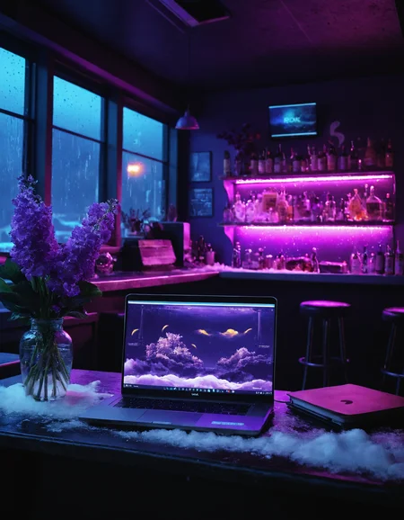 <lora:r0k00g00th:1>,r0k00g00th,r0kur3&l1tyHD. cyberpunk art,, a bar with a purple light and a laptop on the counter and a fish tank in the background with flowers [2], prompt . ,weather, (snowy:1.5), hail ice pellets from storms, windy, gentle breeze to strong gusts,,