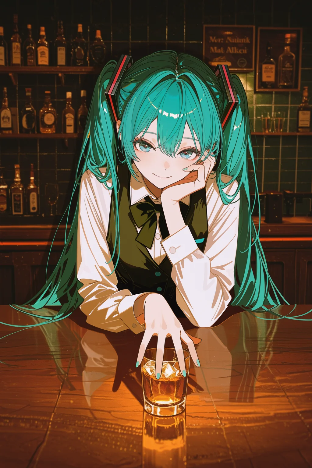 masterpiece, best quality, absurdres, safe
1girl, hatsune miku, hand on own face, open hands, spread fingers,
arm support, arm rest,
holding cup, ice, bar \(place\),
white shirt, black bowtie, bartender,
[looking down,:looking at viewer,:0.5]
smile, (green theme:0.5),
dark background, shadow, photo background,
artist:john kafka,
(yoneyama mai:0.5),
tile wall,
<lora:front_lighting_il_2_d16_soft:1>
<lora:wide_shot_il_1_d32:0:hr=1>