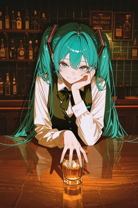 masterpiece, best quality, absurdres, safe
1girl, hatsune miku, hand on own face, open hands, spread fingers,
arm support, arm rest,
holding cup, ice, bar \(place\),
white shirt, black bowtie, bartender,
[looking down,:looking at viewer,:0.5]
smile, (green theme:0.5),
dark background, shadow, photo background,
artist:john kafka,
(yoneyama mai:0.5),
tile wall,
<lora:front_lighting_il_2_d16_soft:1>
<lora:wide_shot_il_1_d32:0:hr=1>