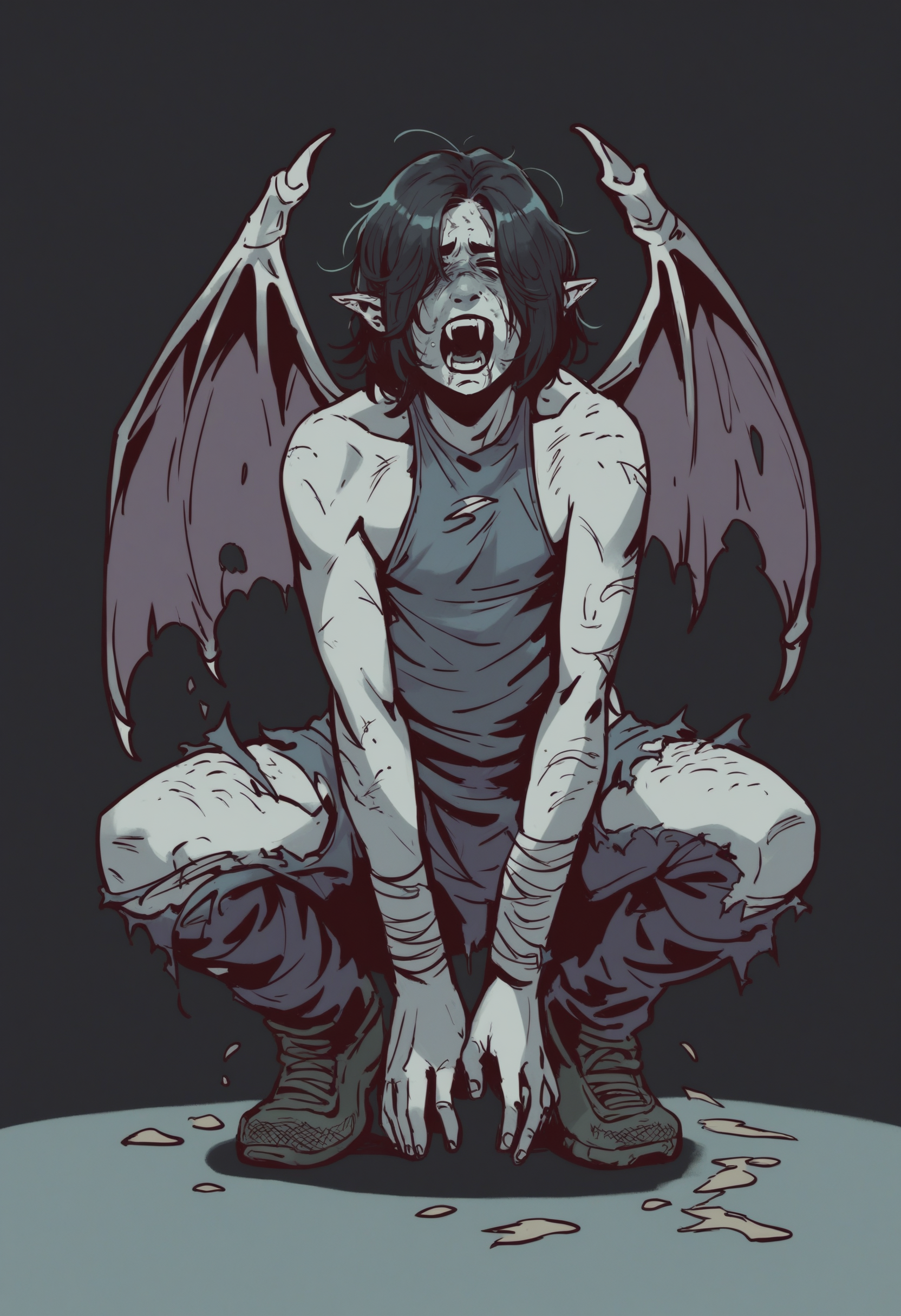 <lora:invincible_v2:1> invncbl, artbook illustration, score_9, score_8_up, score_7_up,  score_6_up, score_5_up, score_4_up, full body, monster, humanoid, huge demon wings, solo, crouching, extremely skinny body, gray body, torn clothes,   fangs, screaming, black hair, long dirty hair over face, [eyes missing, hairy body, extremely wounded, bat's ears, :0.3], black background