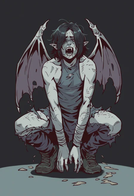 <lora:invincible_v2:1> invncbl, artbook illustration, score_9, score_8_up, score_7_up,  score_6_up, score_5_up, score_4_up, full body, monster, humanoid, huge demon wings, solo, crouching, extremely skinny body, gray body, torn clothes,   fangs, screaming, black hair, long dirty hair over face, [eyes missing, hairy body, extremely wounded, bat's ears, :0.3], black background