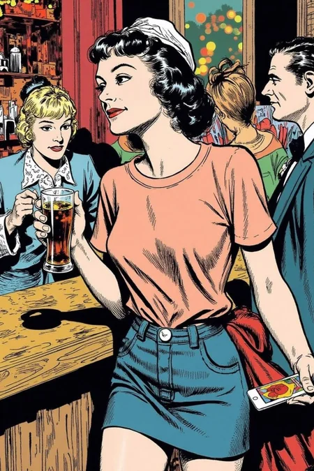 alexray1 drawing
The air buzzes with the energy of a busy bar, a mix of music, conversation, and the clinking of glasses. A barmaid, the embodiment of youthful vibrancy, navigates the lively scene. She wears a peach-coloured T-shirt, the soft fabric contrasting with the smooth, cold glass of coke she carries on a small tablet. Her short skirt adds a playful touch, and a backwards baseball cap hints at a carefree attitude. The setting and atmosphere are palpable: the warm, slightly sticky surface of the bar counter under her fingertips, the dim, colourful lighting that casts playful shadows. Sensory details are abundant: the condensation forming on the glass of coke, the texture of her denim skirt, and the way the bar lights catch the highlights in her hair. Her confident stride, her quick smile, and her efficient movements. Stylistically, the image draws inspiration from the vibrant, candid shots of nightlife photographers, with a touch of the stylized realism found in contemporary illustration. There's a deliberate contrast between the barmaid's youthful energy and the slightly worn, lived-in atmosphere of the bar, creating a dynamic and engaging image. <lora:alexray1_nocap_d6a3:1.0><lora:815513547040786681:0>