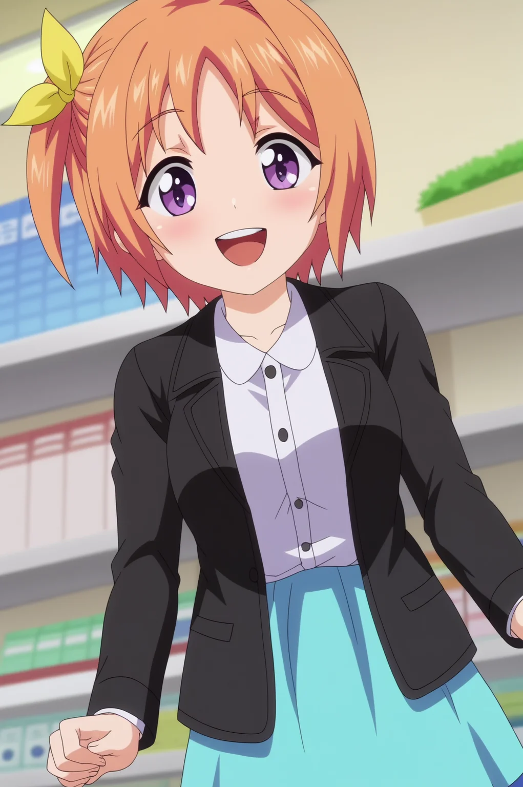 kururu hiiragi,anime screencap,1girl,solo,short hair,side ponytail,black blazer,blue skirt, white shirt,yellow hair bow,game store,indoors,consistent background,hands behind,smiling, upper teeth only,dutch angle,blush <lora:Kururu_Hiiragi - PDXL2.safetensors:0.8>