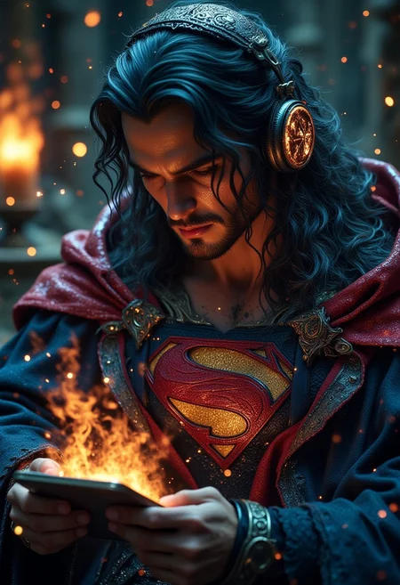 A cinematic scene. Superman looks sadly at his smartphone while wearing a headset. Adding depth to the composition. High resolution, high detail. Highly detailed., <lora:FantasyWizardWitchesFluxV2-000001:0.8>, <lora:Dever_Flux_Enhancer:0.4>, <lora:Elden_Ring_-_Yoshitaka_Amano:0.4>