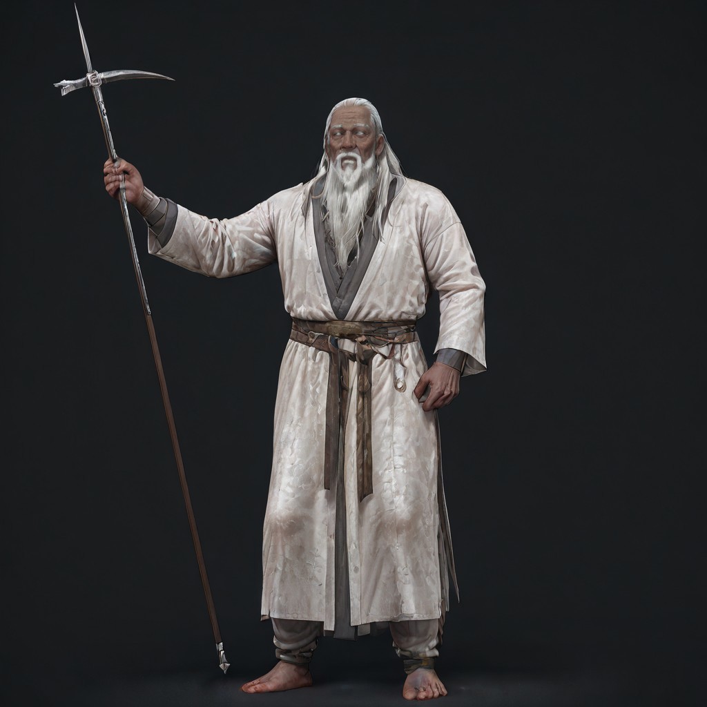 masterpiece, best quality, newest, absurdres, highres, anime, anime style, BDCV1.0, weapon, polearm, bec de corbin, holding weapon, holding polearm, holding, 1boy, dark skin, dark skinned male, white hair, long beard, long hair, monk, white robe, white eyes, blind eyes, wrinkles, wrinkled face, wrinkled, wrikly, old, mature, old man




