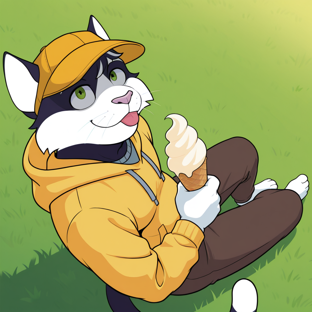 furry, 2boys, solo, male, cat, cat boy, whiskers, green eyes, striped hair, striped fur, tail, slightly chubby, yellow hoodie, baseball cap, yellow headwear, smile, :3, holding ice cream, eating, tongue out, sitting on ground, grass, looking up, looking at viewer, dynamic angle, dutch angle, dynamic pose, view from above, view from side, dynamic angle, dynamic pose, dutch angle, masterpiece, best quality, amazing quality, very aesthetic, highres, absurdres, detailed background <lora:Jayce_Sercap:1>