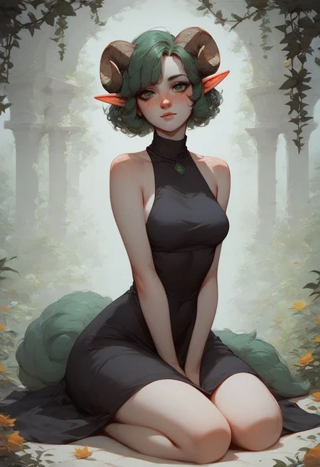 score_9, score_8_up, score_7_up, score_6_up, score_9, score_8_up, score_7_up, score_6_up, 1girl, sexy 1girl, solo, expressive, e-girl, dynamic, dark green hair, short hair, ornamental hair, green eyes, pale skin girl, pale skin, freckles, turtleneck, bare shoulders, blush, elf ear, looking_longingly, sheep horn, circled horn, big boobs, seductive, sexy_woman, full body, dress black, black dress, goth, full body, green fox tail,
