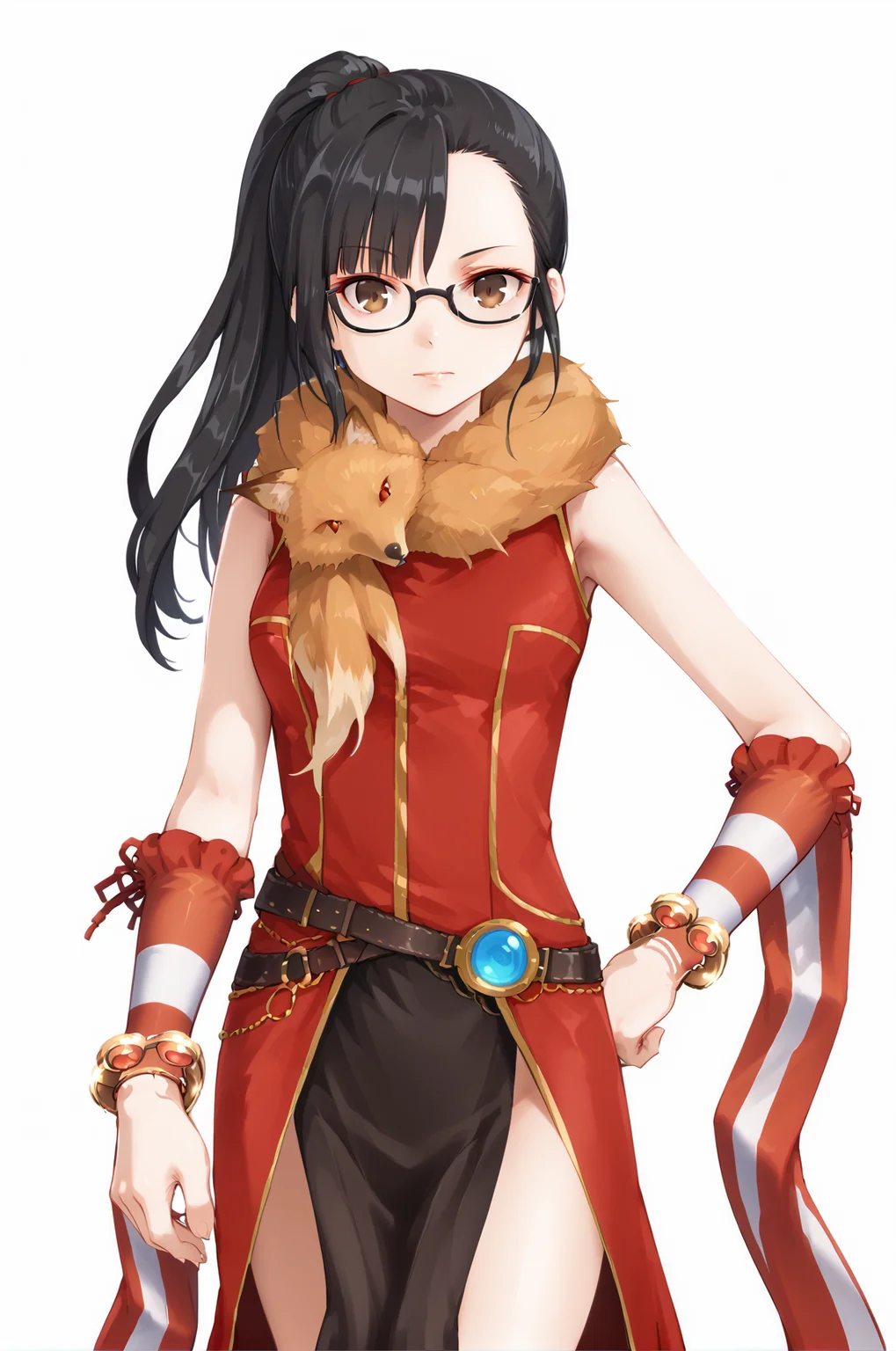 profRO, nimal around neck, striped sleeves, fox, bangle, red sleeveless dress, side slit, pelvic curtain,
black hair, brown eyes, ponytail, asymmetrical bangs, glasses, standing, upper body, hand on hip, white background, empty background,
<lora:profROPonyV2.0-000009:1>