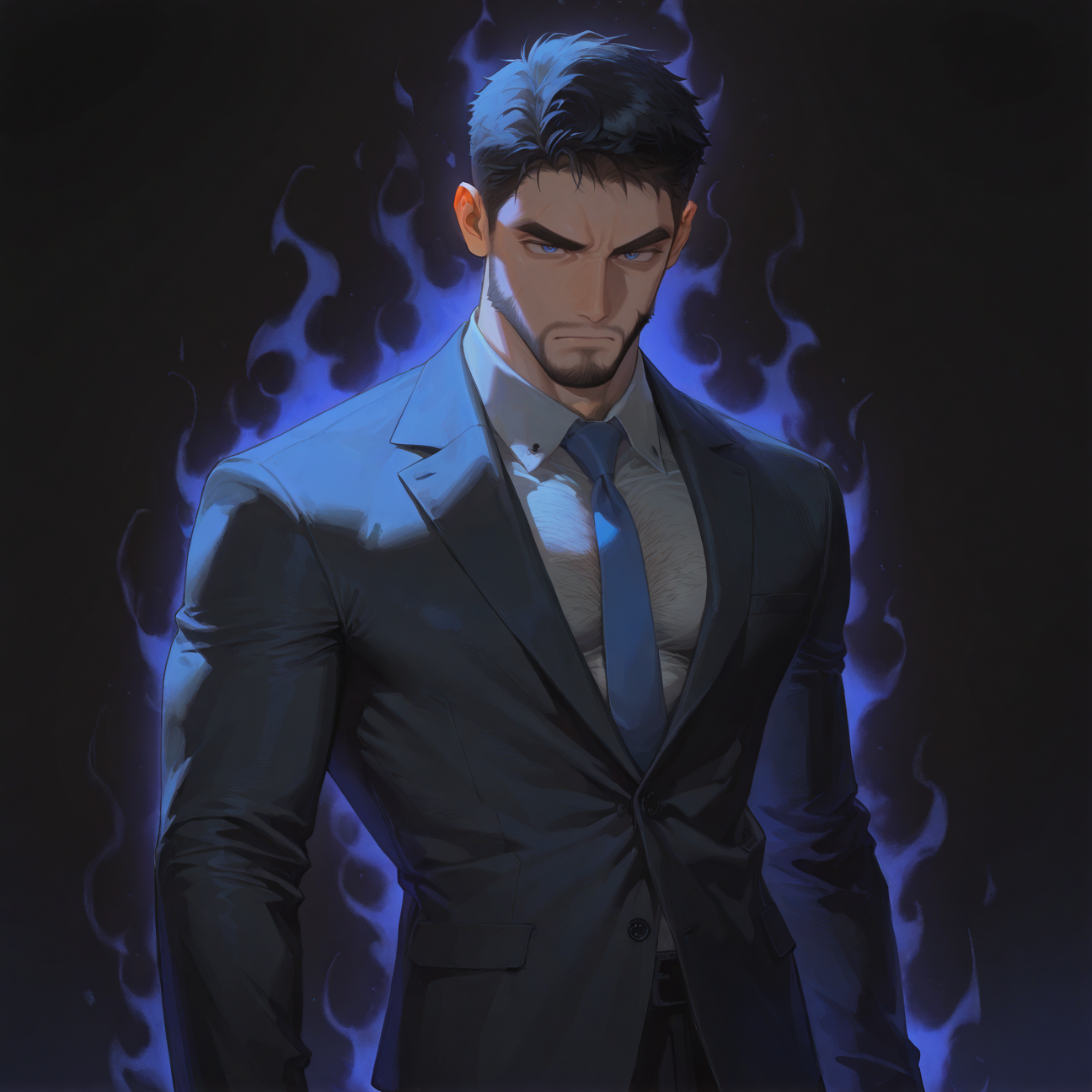 <lora:corrupting_typeB_ill:1.5>, dark aura
 white shirt, black pants, blue tie, black jacket, business suit, serious face, concentrated face,
aixiwuganda_(20222192), (artist:niichi \(niichi21\):0.5), (artist:jezz mons art:0.8), (artist:my eight:0.8), solo, black hair, 
solo, muscular male, bara, mature, asian, hairy, hairy body, (very short hair), male focus,
very awa, masterpiece, best quality, absurdres, newest, perfect quality, detailed background, intricate details,
<lora:slider_Body Type_alpha1.0_rank4_noxattn_last:2><lora:style_Anime Summer Days 2 Style SDXL_LoRA_Pony Diffusion V6 XL:.6><lora:style_Low-Key Lighting Style - pony:.5>, DARK, DARK BACKGROUND, LOW-KEY LIGHTING <lora:slider_cfg_scale_boost:.7>