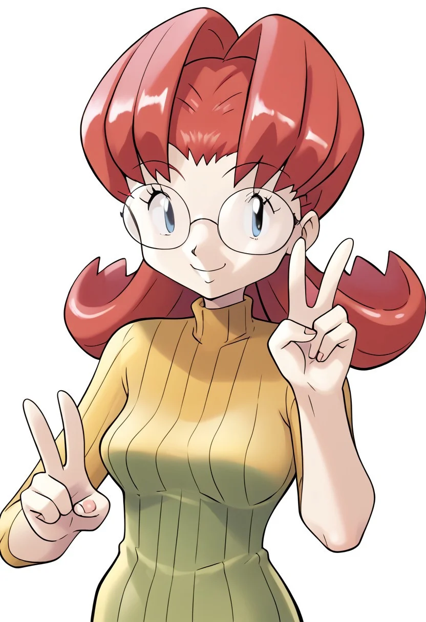 (source_anime, score_9, score_8_up, score_7_up:1), 1girl, solo, DJMary, glasses, looking at viewer, smile, cute, peace sign, simple background