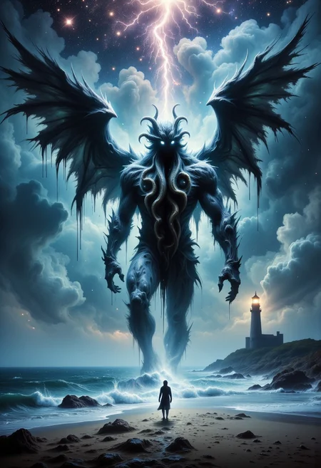 A colossal figure with a kraken head with a large tentacle beard and dark wings strides ominously through a stormy ocean night. A tiny sailor stands frozen on the beach, illuminated by a lighthouse's yellow beam. Lightning splits the sky, revealing a galaxy of stars and a sense of impending terror.