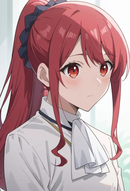 score_9, score_8_up, score_7_up, source_anime, leeler sophia, red hair, red eyes, long hair, 1girl, solo, ponytail, upper body, ascot, white shirt, blush, shirt, sidelocks, closed mouth, white ascot