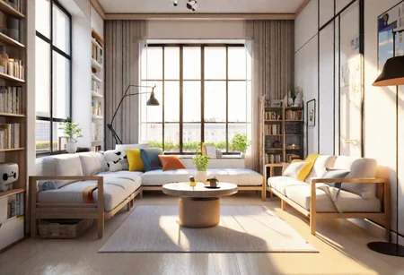 ((front view)), anime-style, modern-style interior, with white walls, (large windows), Nordic-style furniture, a  study, Sofa, coffee table, bookcase, single wall, 
warm light morning sun, (the view of the city)