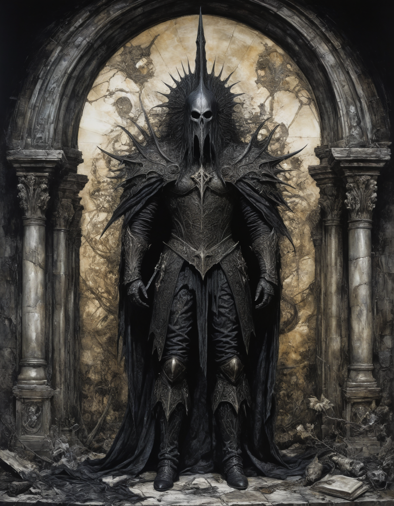 by ian miller,  (gothic but extremely beautiful:1.4), (masterpiece, best quality:1.4) , in the style of nicola samori,
full shot, wide angle view
<lora:epi_noiseoffset2:0.5> <lora:add-detail-xl:1> <lora:xl_more_art-full_v1:0.5>  <lora:NicolaSamori:0.7>
