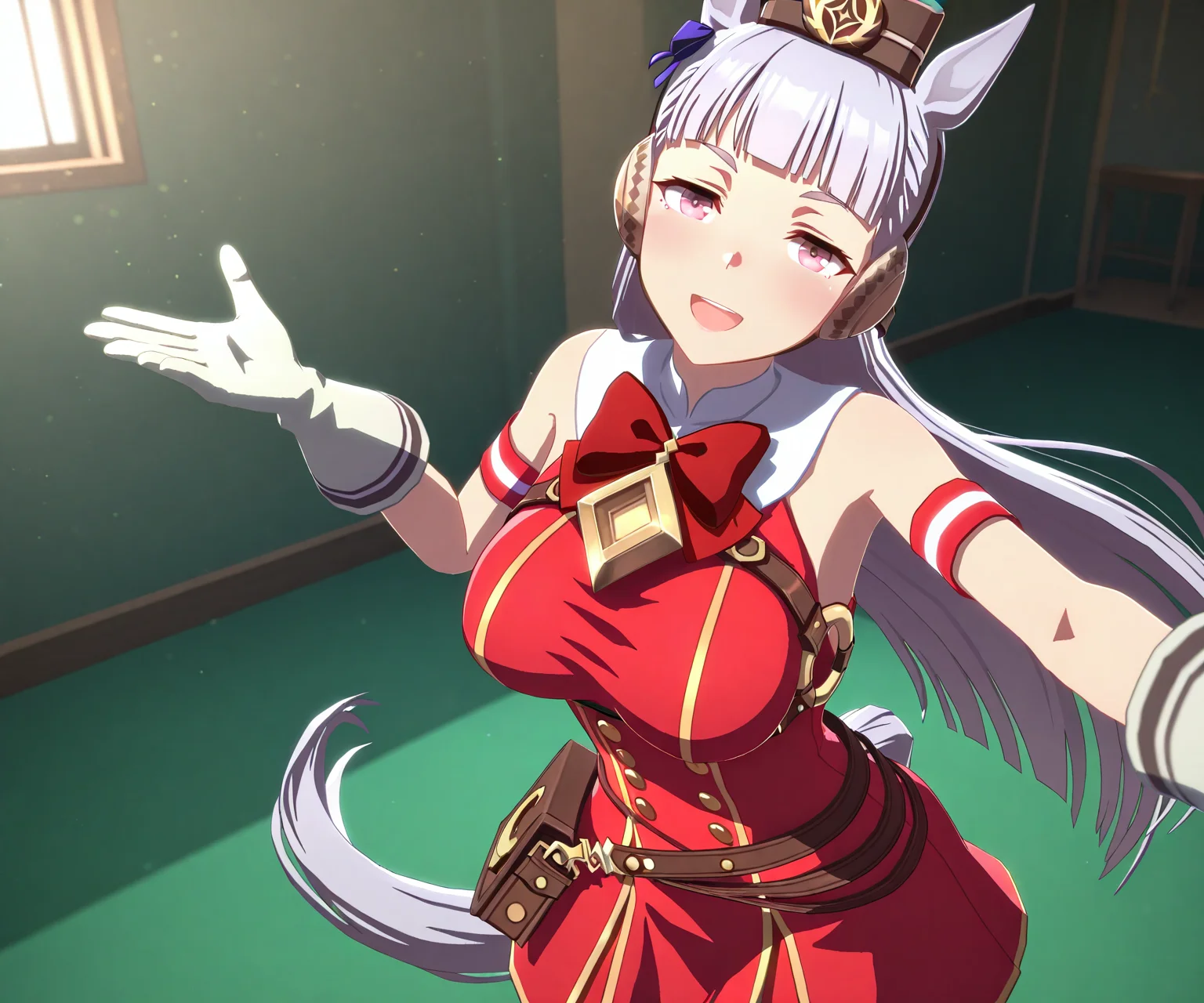 masterpiece, best quality, amazing quality, , 1girl, solo, looking at viewer, smile, open mouth, <lora:Gold Ship in game style 3D ILL-v2:1> ummsmingame, 3d, gold ship \(umamusume\),