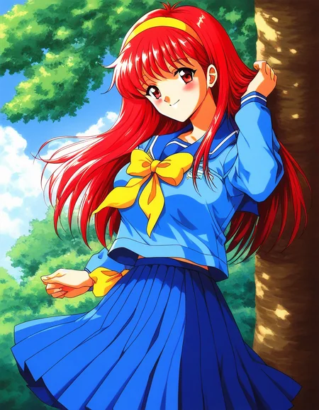 score_9, score_8_up, score_7_up, source_anime, rating_explicit, BREAK <lora:Fujisaki_Shiori_XL:1> FujisakiShiori, long hair, Yellow hairband, red hair, red eyes, large breasts,
1girl, solo, school uniform, skirt, blue serafuku, long sleeves, blue skirt, blue long sleeve,
yellow bow, pleated skirt, bow, blue sailor collar,
outdoor, sky, tree, smile,
1990s \(style\)
looking at viewer, blush,