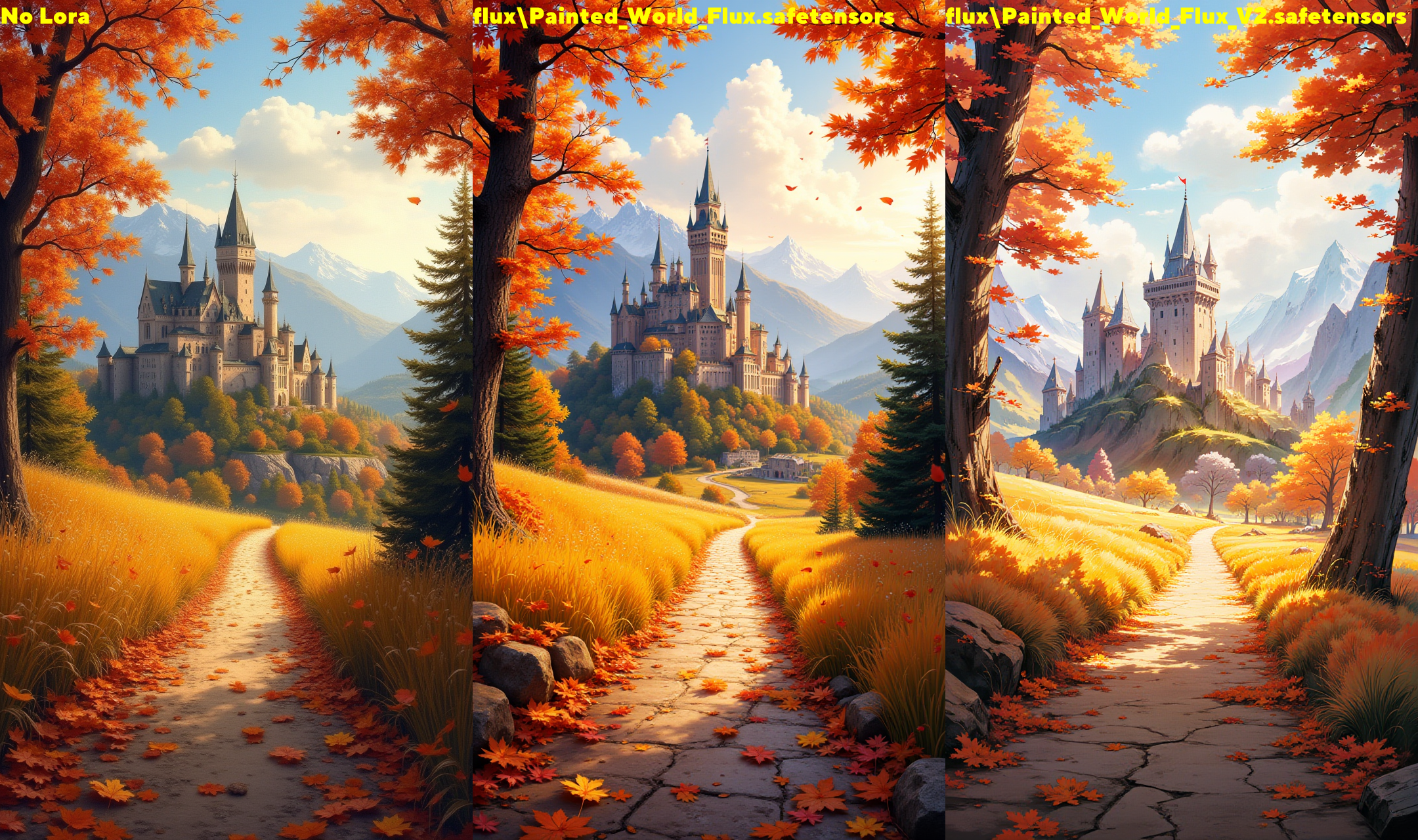 painted world, masterpiece, professional artwork, breathtaking view of a serene autumn landscape, leaves gently fall on a dirt path leading to a magnificent medieval castle in the distance, golden fields of grass overflowing, mountains in the distance,