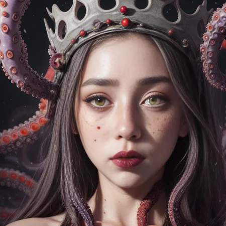 japanese line art , High detail, high definition, and highly detailed masterpiece. Double exposure of ( 1 young girl grey eyes with black freckles all over her body, crown made of eyes, getting fucked by octopus) and (purple red and green tentacles). Mystical, luminist atmosphere. In the style of takato yamamoto, red full moon on background , <lora:takma2:1.2>