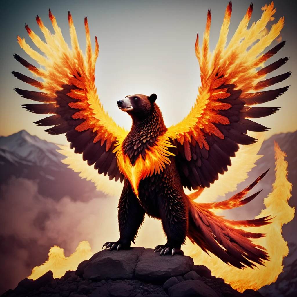 (half polar bear) half flaming phoenix, hybrid animal, flaming wings, <lora:Phoenix:0.62>