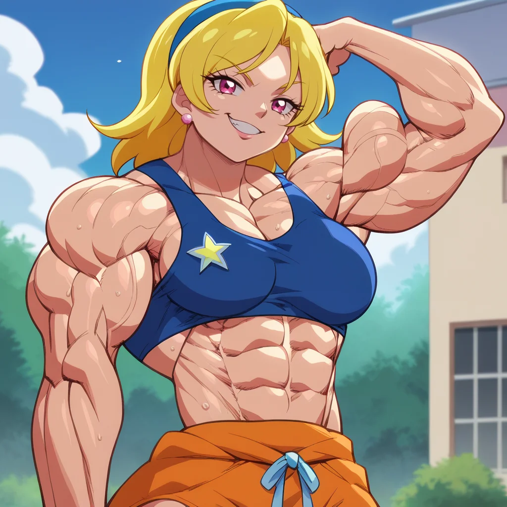 score_9, score_8_up, score_7_up, score_6_up, score_5_up, score_4_up BREAK pokkuti, anime screencap, momozono_love, precure, 1girl, blonde_hair, pink_eyes, muscular, 1girl, solo, looking at viewer, smug, outdoors, evening, museum, cowboy shot, <lora:PokkutiPDXL32.0.9tx1-000011:1>