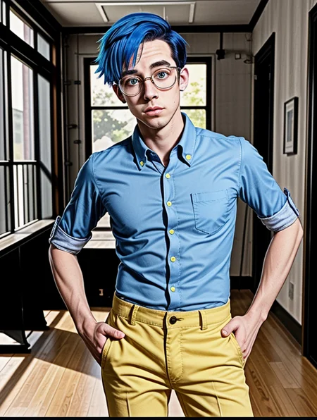 <lora:Kevin_French_-_Mission_Hill_1999_08:0.55> kevin_french, 1boy, short hair, blue hair, glasses, light blue shirt, button down shirt, solo, yellow sclera, rolled up sleeves, light green pants, realistic, pose, <lora:l_32:-0.65>,<lora:LCM_SD15:1.0>
