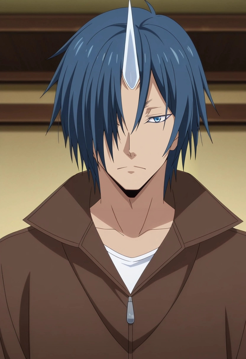 masterpiece, best quality, intricate details, anime screencap, anime coloring, official style, looking at viewer, 1boy, solo, male focus, <lora:souei_tensura_ilxl:0.92>, souei_tensura, blue hair, blue eyes, hair over one eye, single horn, , , texan costume
