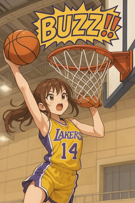 Generate an image of an anime girl doing a slam dunk in a lakers jersey and around the rim, a text effect says "BUZZ!!"