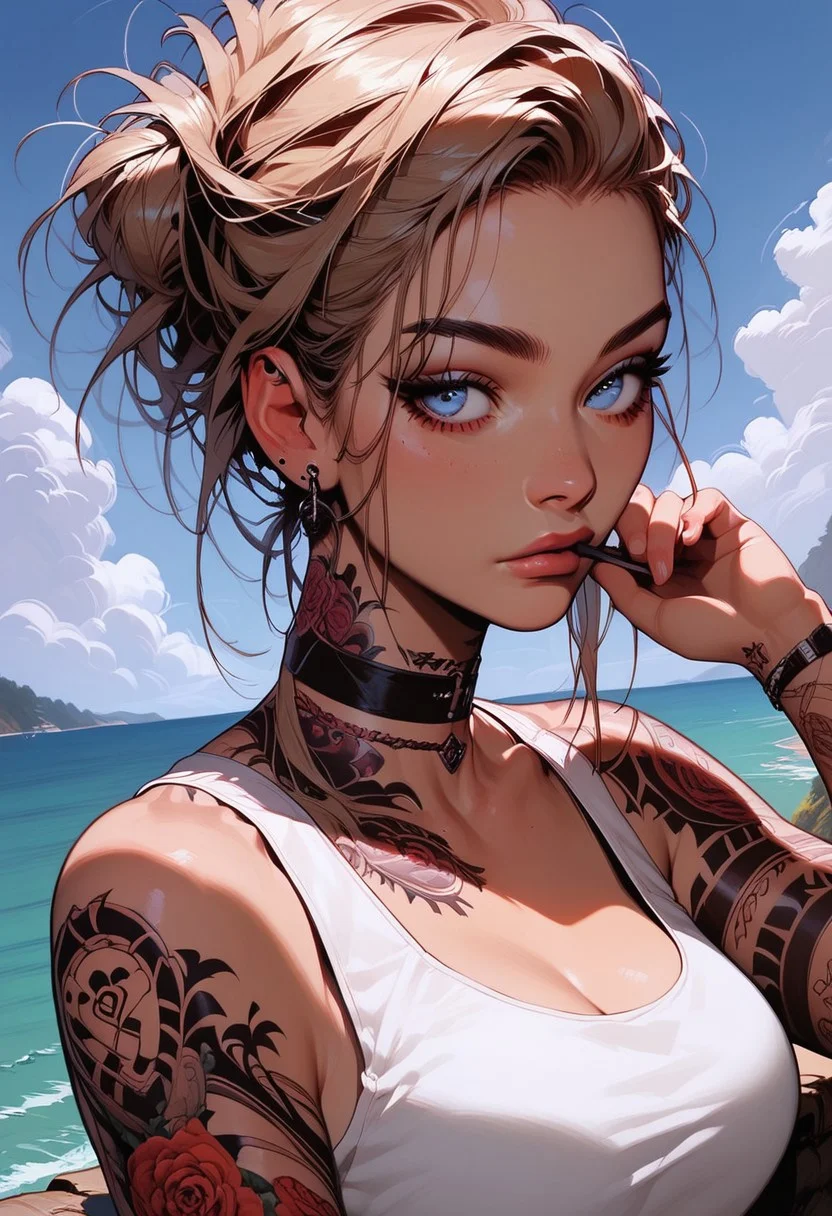 Score_9, Score8_up, Score_7_up, (((High Resolution, Best Quality))), 
1girl, solo, beautiful blue eyes, Covered in Tattoos, her hand on her head, brushing hair behind ear, 
Tanktop, cutoff, choker, 
On a Cliff overlooking a beach, Cloudy Sky,