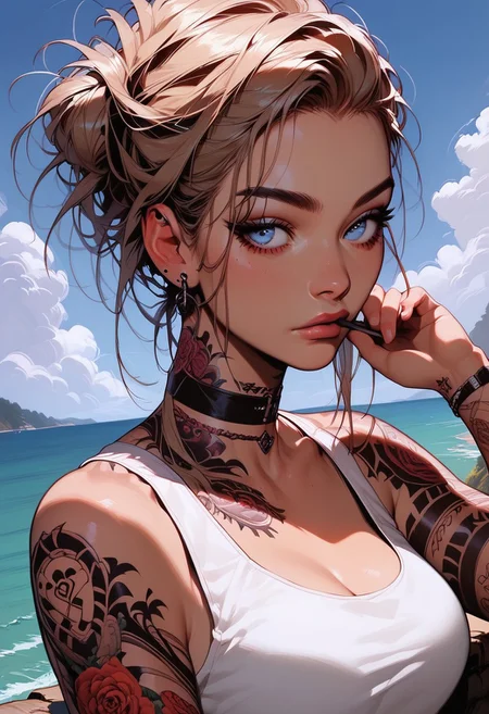 Score_9, Score8_up, Score_7_up, (((High Resolution, Best Quality))), 
1girl, solo, beautiful blue eyes, Covered in Tattoos, her hand on her head, brushing hair behind ear, 
Tanktop, cutoff, choker, 
On a Cliff overlooking a beach, Cloudy Sky,