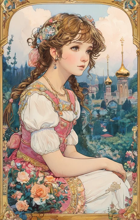 masterpiece,best quality,<lora:tbh166-sdxl:0.9>,illustration,style of Ivan Bilibin, portrait of idolmaster cinderella girls,