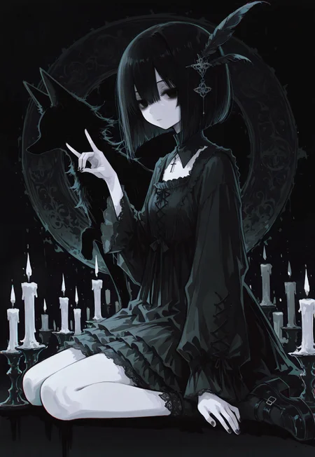 masterpiece,  best quality, good quality, very awa,  very aesthetic, absurdres, newest, 8k, HDR, focused subject, oc-chan_(ketopon), 1girl, solo, black hair, bob cut, hair between eyes, feather hair ornament, black eyes, solid eyes, expressionless, gazing at viewer, pale skin, goth fashion, frilled dress, square neckline, high collard,lace trim, sitting, wariza, from side, hand up, nail polish, fox gesture, fox shadow puppet, shadow fox, candlestick, candle, candlelight, minimalism,  dark theme,chromatic aberration, limited palette,painterly,art deco, intricate, no lineart, no outline, 15546+456868, r17329_illu,