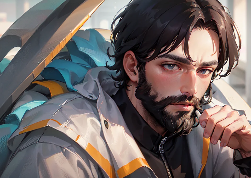 brown men'sboilersuit, Christian Hilfgott Brand, tech wear, concept art, modular constructivism,((masterpiece)), ((high detail)), ((1 burly man, solo)) ,(beard),((ultra-detailed)),((delicate face)), black hair,Bust, close-up,((celluloid)),