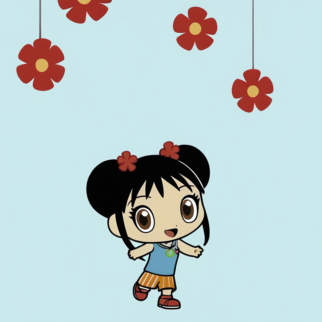score_9, score_8_up, score_7_up BREAK Kailan, 1girl, black hair, odango hairstyle, brown eyes, red flower-hairclips, light blue tank top, necklace, vertical stripes orange shorts, red shoes with white accents, smiling at viewer, full body, chibi, chibi size,