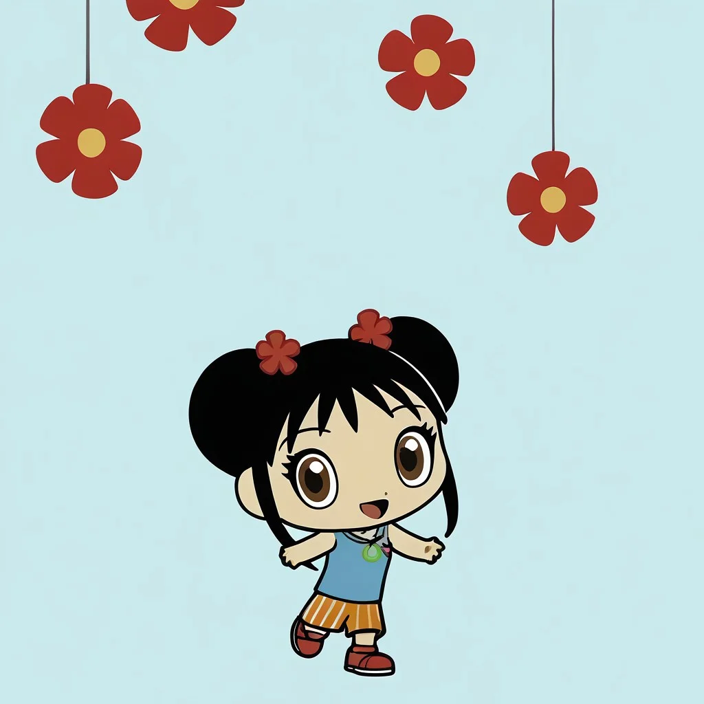 score_9, score_8_up, score_7_up BREAK Kailan, 1girl, black hair, odango hairstyle, brown eyes, red flower-hairclips, light blue tank top, necklace, vertical stripes orange shorts, red shoes with white accents, smiling at viewer, full body, chibi, chibi size,