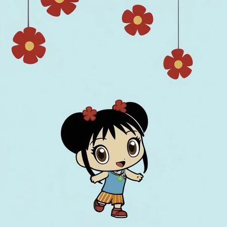 score_9, score_8_up, score_7_up BREAK Kailan, 1girl, black hair, odango hairstyle, brown eyes, red flower-hairclips, light blue tank top, necklace, vertical stripes orange shorts, red shoes with white accents, smiling at viewer, full body, chibi, chibi size,