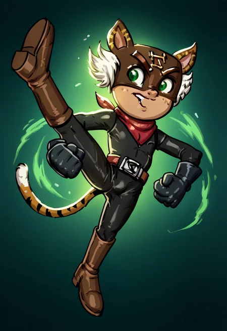 score_9, score_8_up, score_7_up, MidnightDexy, 1boy, solo, male focus, El_Tigre, Mask, Green Eyes, white sideburns, Freckles, Cat Ears, Black Bodysuit, belt buckle, brown boots, Red Bandana around neck, black Gloves, tail, green aura, jumping kick, kicking, from below, jumping, foot focus