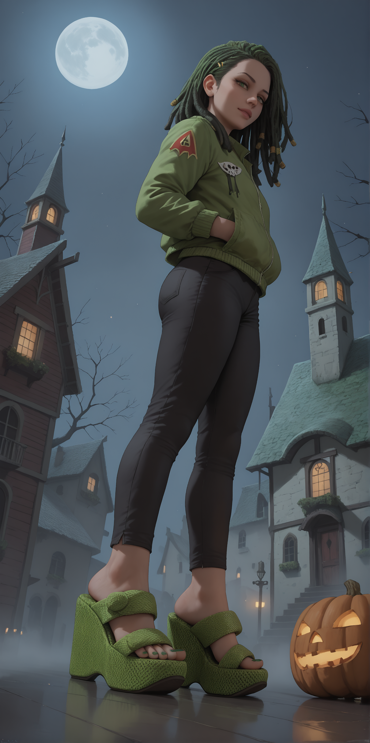 score_9, score_8_up, score_7_up, score_6_up, realistic,
wide angle, standing, low angle, foot focus, from side,
standing,
1girl, leather pants, green short jacket, black and green hair, dreadlocks, 
ï»¿(ï»¿m3sh heels), platform footwear,
halloween scene, fog, haunted house, night,
green toenail polish,
embedding:zPDXLrl ,
embedding:zPDXL2 ,