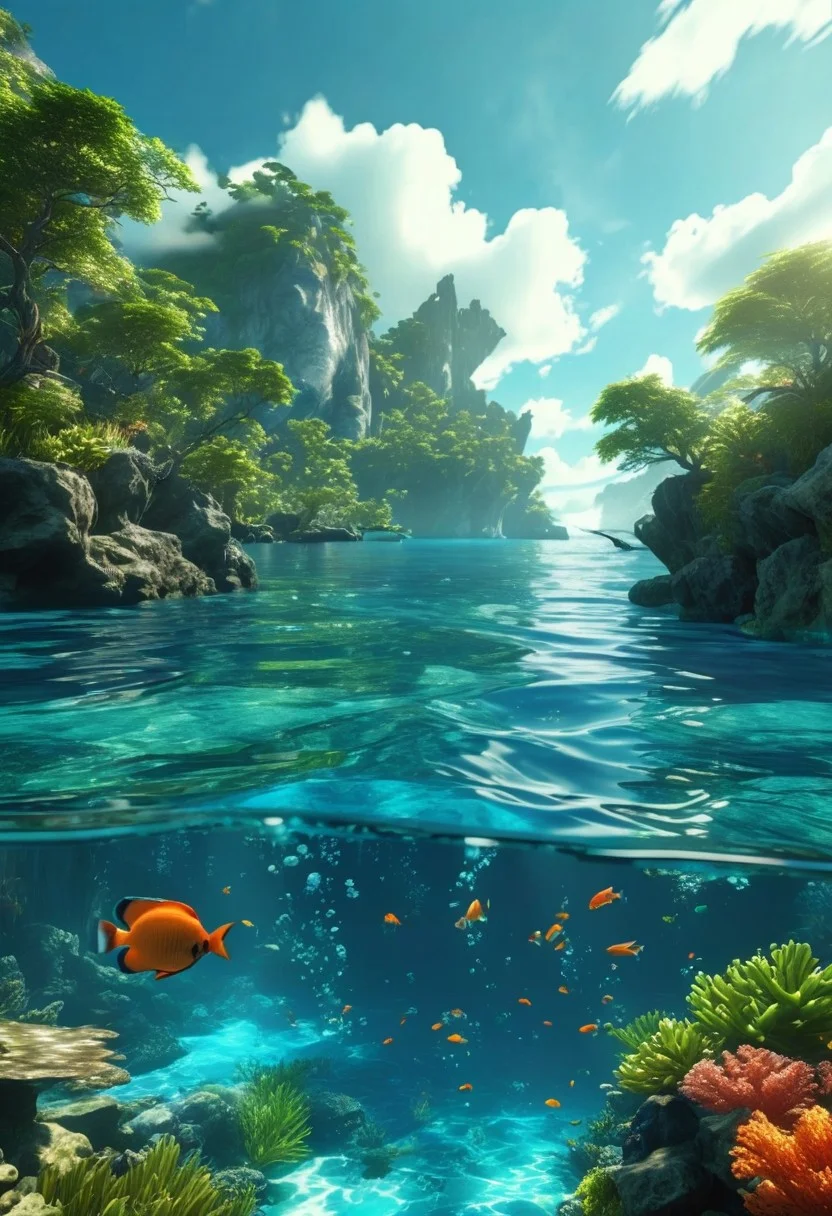 (ultra high res:1.4), (masterpiece), (beautiful lighting:1.4) , lush green forest, Mountains, Bright sunlight illuminates the crystal-clear blue water, (deep underwater), photorealistic, half above water and half below water, (clear underwater), beautiful sky with clouds and smoke, tropical fish, coral, depth,
Illuminated communication network,