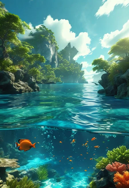 (ultra high res:1.4), (masterpiece), (beautiful lighting:1.4) , lush green forest, Mountains, Bright sunlight illuminates the crystal-clear blue water, (deep underwater), photorealistic, half above water and half below water, (clear underwater), beautiful sky with clouds and smoke, tropical fish, coral, depth,
Illuminated communication network,