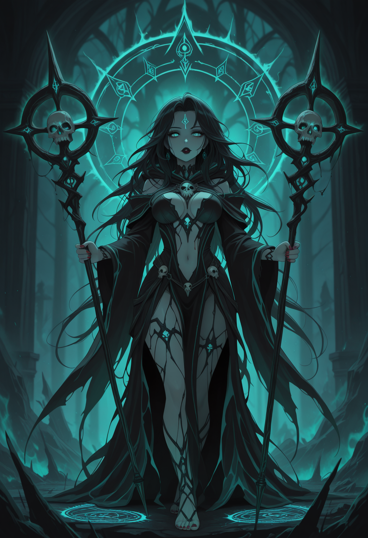 score_9, score_8_up, score_7_up, score_6_up, dynamic, (anime, masterpiece), best quality, (8k), detailed background, sharp focus, intricate, ambient lighting, super high quality, hyper detailed background, cinematic lighting, adult, double tone long hair, medium breasts, verybadimagenegative_v1.3, fantasy, necromancer mage, mysterious spellcaster, flowing black robes, glowing arcane runes, skull staff, ghostly minions, eerie green aura, revealing robe slits, moonlit ritual circle, swirling spirits, blood-red nails, death's kiss lipstick, <lora:CatGirlStyle\CatgirlStyle-000014>, CatGirlStyle