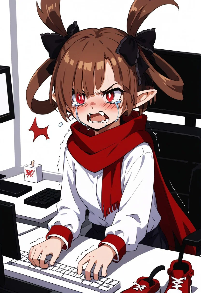 score_9, score_8_up, score_7_up, detailed, anime, xenosicily, solo, 1girl, brown hair, red eyes, white pupils, hair over one eye, twintails, hair bow, pointy ears, fang, red scarf, red shoes, black pantyhose, keyboard \(computer\), computer, mouse \(computer\), angry, shaking, yelling, crying