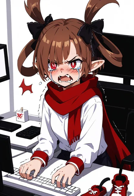 score_9, score_8_up, score_7_up, detailed, anime, xenosicily, solo, 1girl, brown hair, red eyes, white pupils, hair over one eye, twintails, hair bow, pointy ears, fang, red scarf, red shoes, black pantyhose, keyboard \(computer\), computer, mouse \(computer\), angry, shaking, yelling, crying
