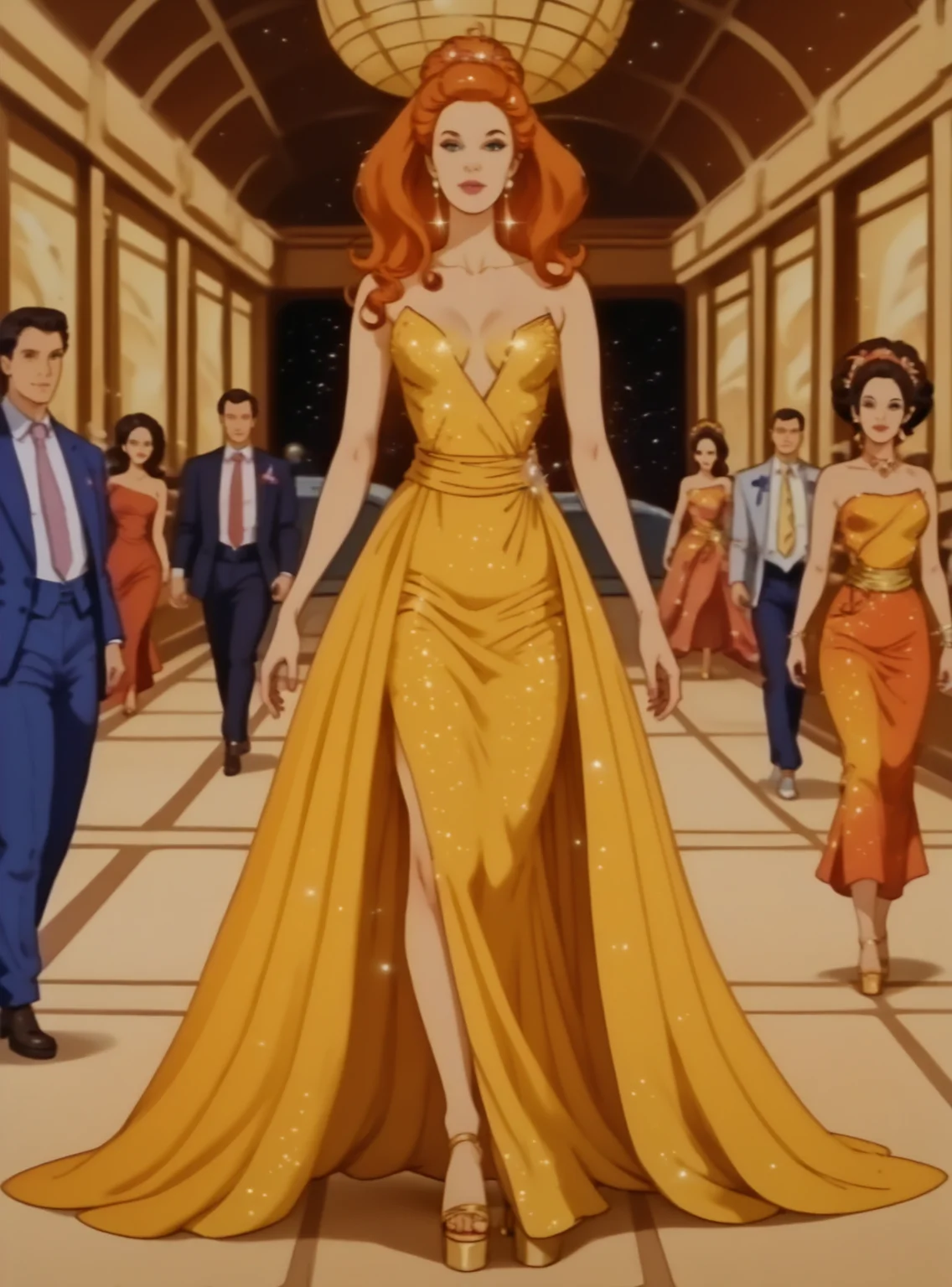 cinematic film still score_9, score_8_up, score_7_up, score_6_up, hud_barbir0ck, <lora:hud_barbir0ck_XLP:1>, humanoid robot, dr3ss, long dress, strapless Sparkling Spectrum, Colorful, radiant, gemstone brilliance, dazzling long dress, collarbone, front slit, (plunging neckline), <lora:Outfit_soph-LavaGown-PDXL:0.9>, platform heels,