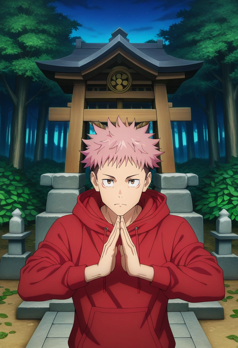 masterpiece, best quality, intricate details, anime screencap, , official style, , 1boy, solo, male focus, <lora:yuuji_itadori_ilxl:0.94>, yuuji_itadori, pink hair, brown eyes, short hair, undercut, spiked hair, red hoodie, forest shrine, tree altar, leaf offerings, prayer circles, worship pose, spiritual expression, dawn,