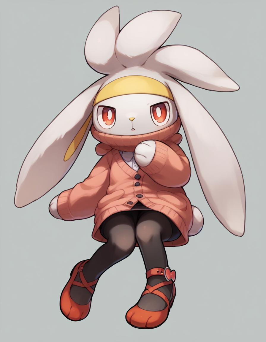 score_9, score_8_up, score_7_up, score_6_up, score_5_up, score_4_up, 1girl, full body, solo,
 <lora:Raboot_v0-3:1> raboot, pokemon \(creature\), white fur, droopy ears, rabbit ears, rabbit tail, red eyes, looking at viewer, furry female, yellow hairband,
knit-cardigan, midi-dress, ankle-strap-flats, sheer-pantyhose