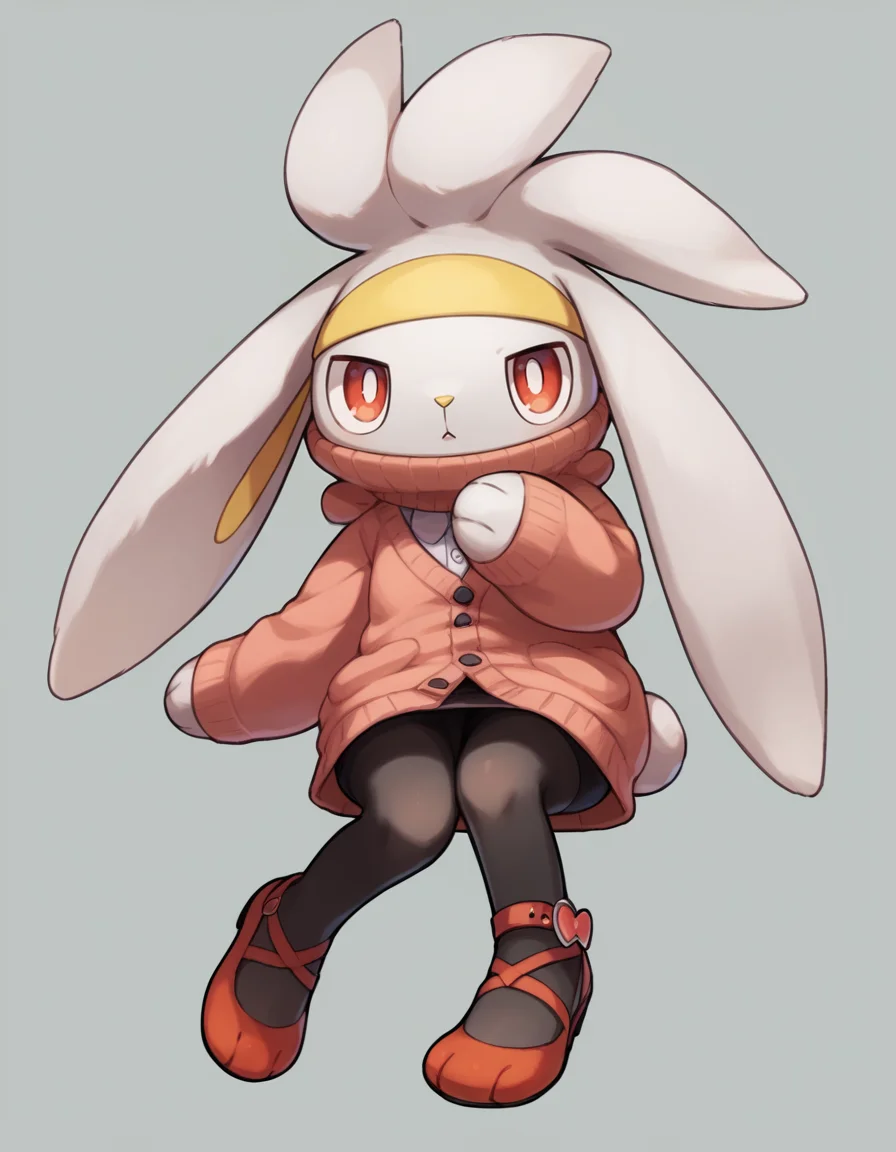 score_9, score_8_up, score_7_up, score_6_up, score_5_up, score_4_up, 1girl, full body, solo,
<lora:Raboot_v0-3:1> raboot, pokemon \(creature\), white fur, droopy ears, rabbit ears, rabbit tail, red eyes, looking at viewer, furry female, yellow hairband,
knit-cardigan, midi-dress, ankle-strap-flats, sheer-pantyhose