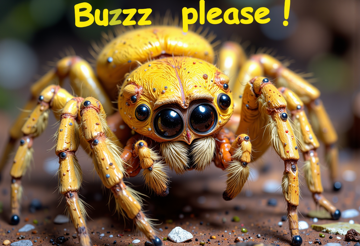 cute fluffy spider, text that says "Buzz please!" <lora:03ad2c7f-95b7-4865-a182-5d836919cabe.TA_trained:0.5> <lora:aidmaPsychadelicChaosWorld-FLUX-v0.1:0.7><lora:FluxMythV2:1.0>