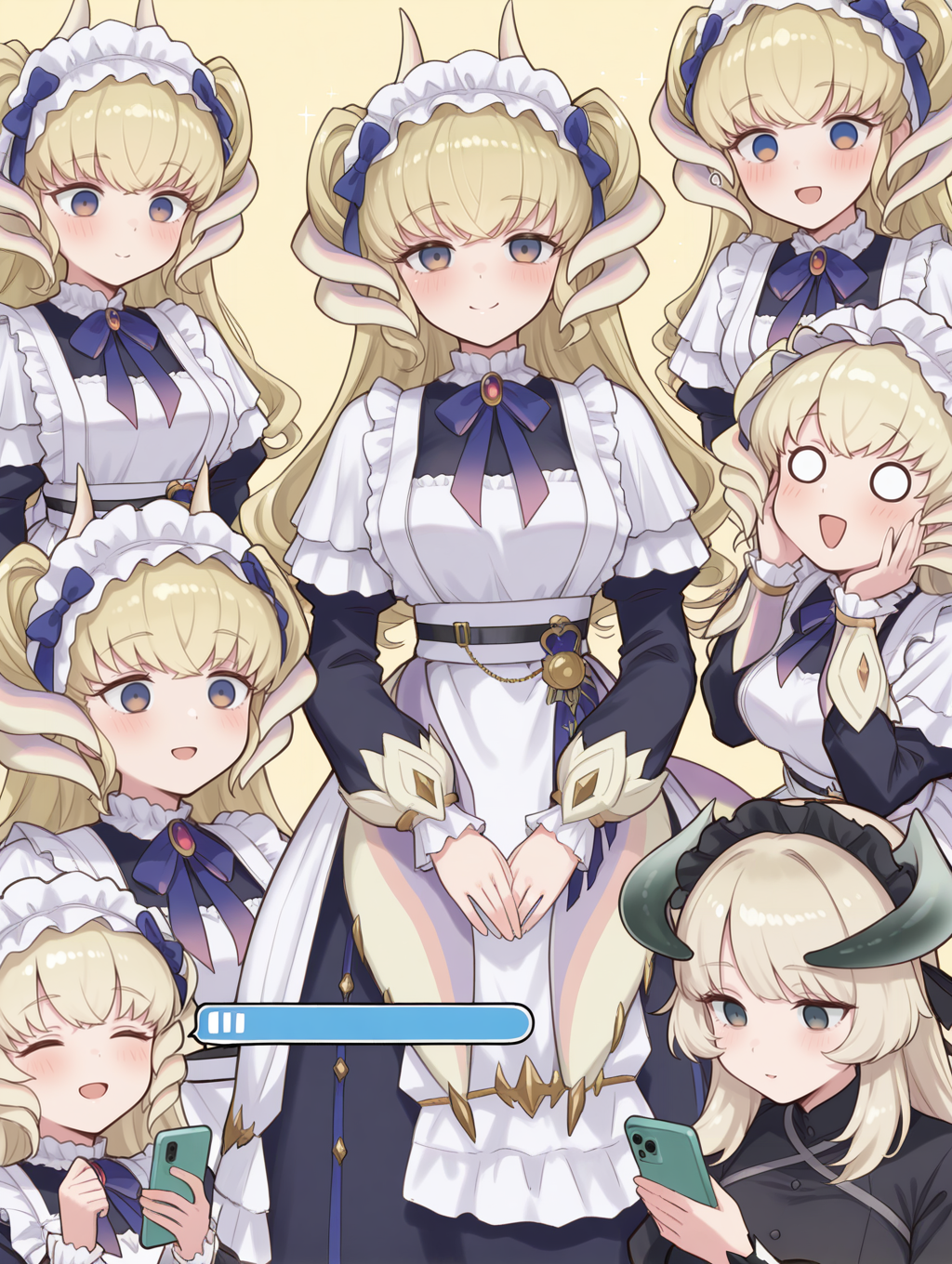 4girls, blue maid dress, blue bow hairband, dragonmaid latys, smile, search bar, open mouth, smartphone, holding smartphone, closed mouth, blush, multiple views, closed eyes, :d, looking at viewer, sketch, cellphone, simple background, solo, chamber dragonmaid, black mob cap, black maid dress, o_o, empty eyes, ,
masterpiece,best quality,amazing quality,very aesthetic,absurdres,newest,<lora:Chamber dragonmaid illuXL v1:0.81>,